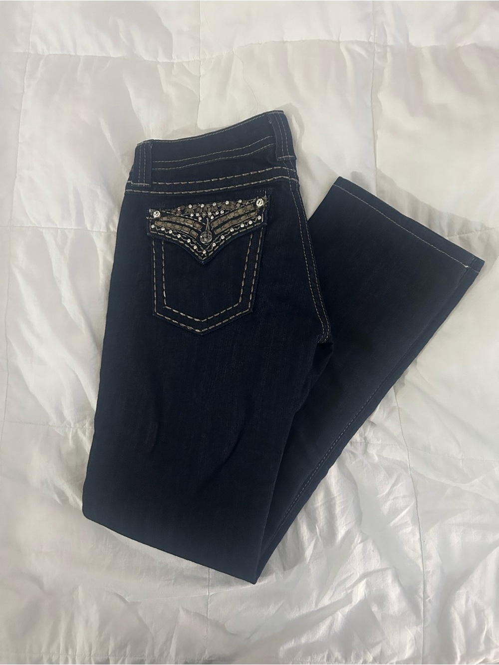 Vtg Miss Me Dark Blue Straight Leg Jeans with Beaded Back Pocket